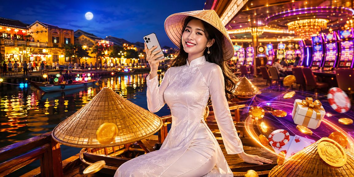 Người dùng Hội An trải nghiệm casino di động với tà áo dài truyền thống trong không gian phố cổ yên bình