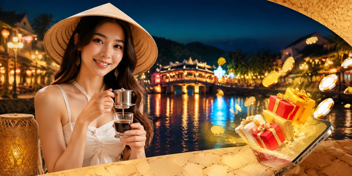 Phụ nữ Huế đội nón lá ngồi đọc hướng dẫn đăng ký tài khoản và nhận bonus trên điện thoại